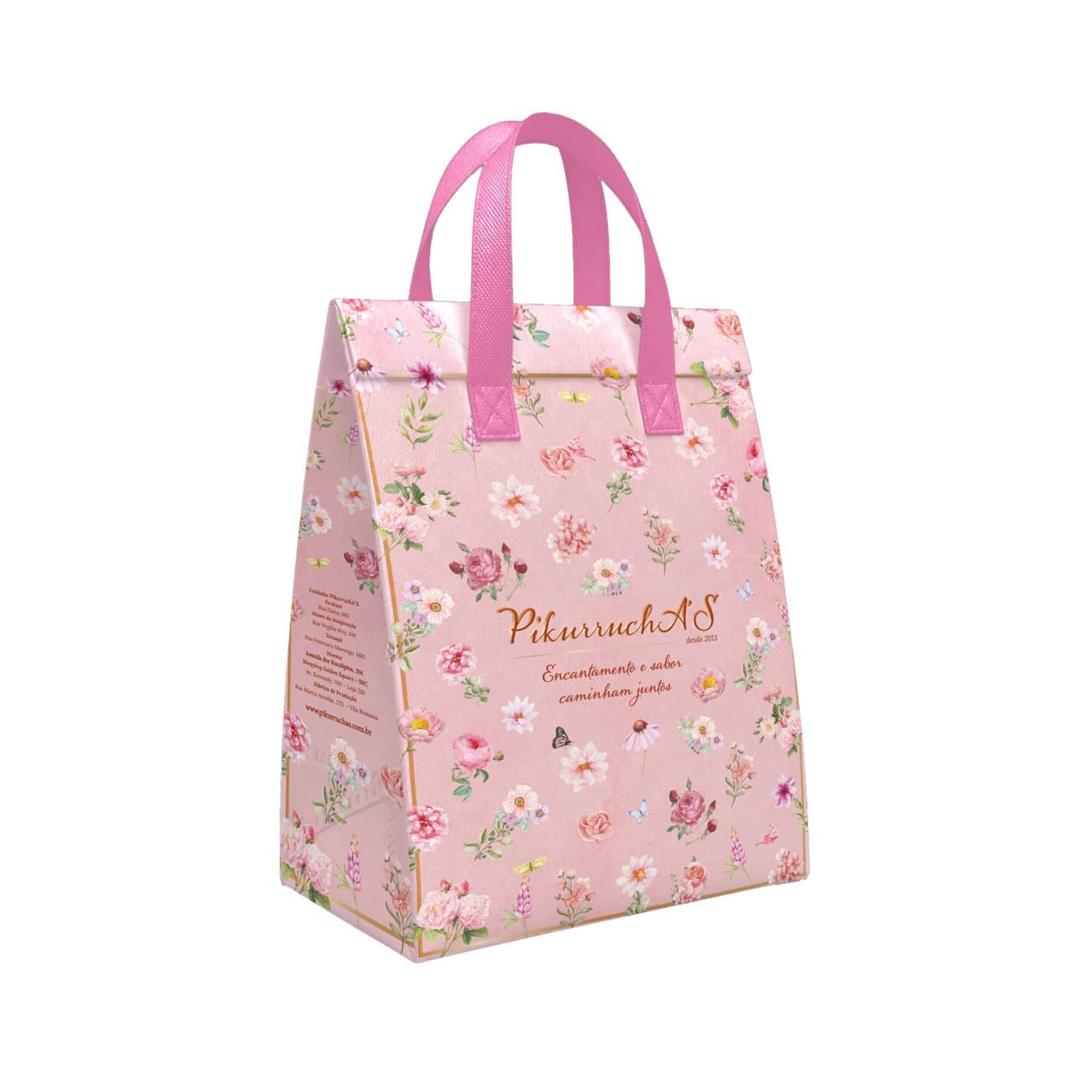 Sacola térmica personalizada com estampa floral.