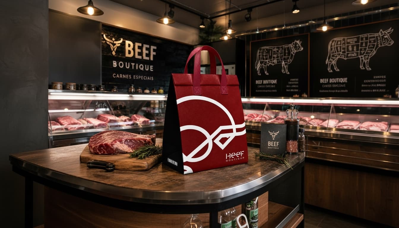 Sacola vermelha da Beef Boutique sobre o balcão da loja de carnes.